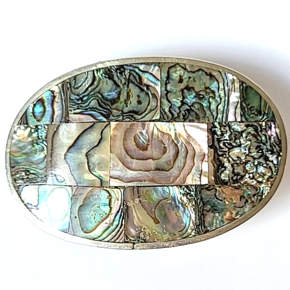 Abalone & Alpaca Silver Belt Buckle UNISEX VINTAGE - Picture 2 of 9